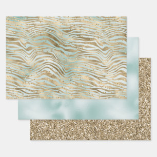 Aqua Mint Gold Glitz Sparkle Zebra Print Geschenkpapier Set