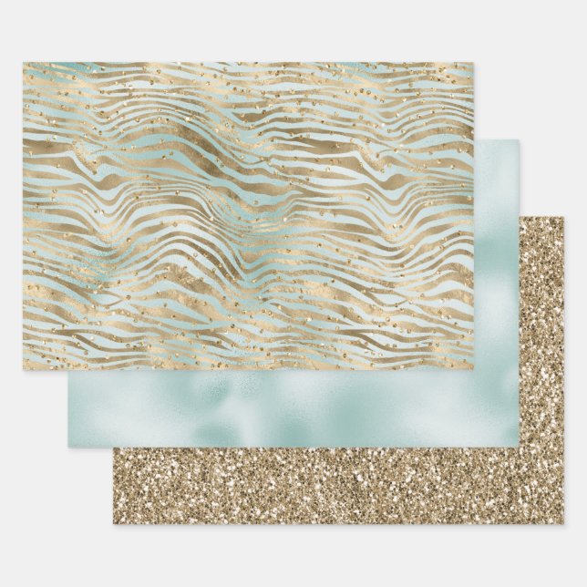 Aqua Mint Gold Glitz Sparkle Zebra Print Geschenkpapier Set (Set)