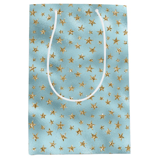 Aqua Mint Gold Glitzer Stars Mittlere Geschenktüte (Vorderseite)
