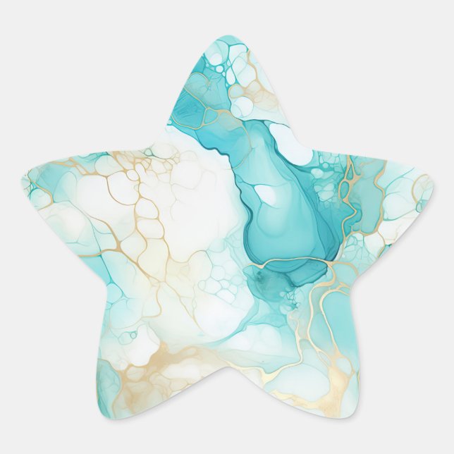 Aqua Mint Gold Weißer Marmor Stern-Aufkleber (Vorderseite)