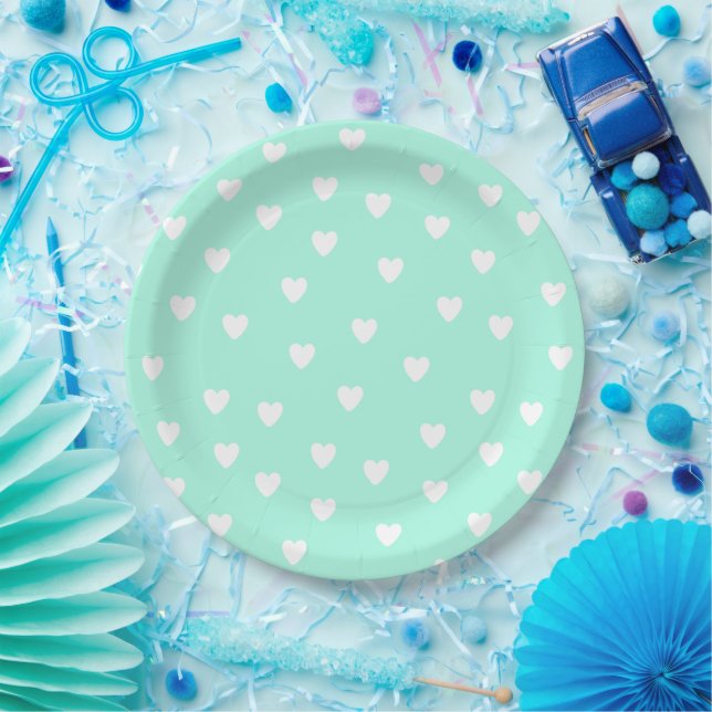Aqua Mint mit Niedlichem White Hearts Muster Pappteller (Party)