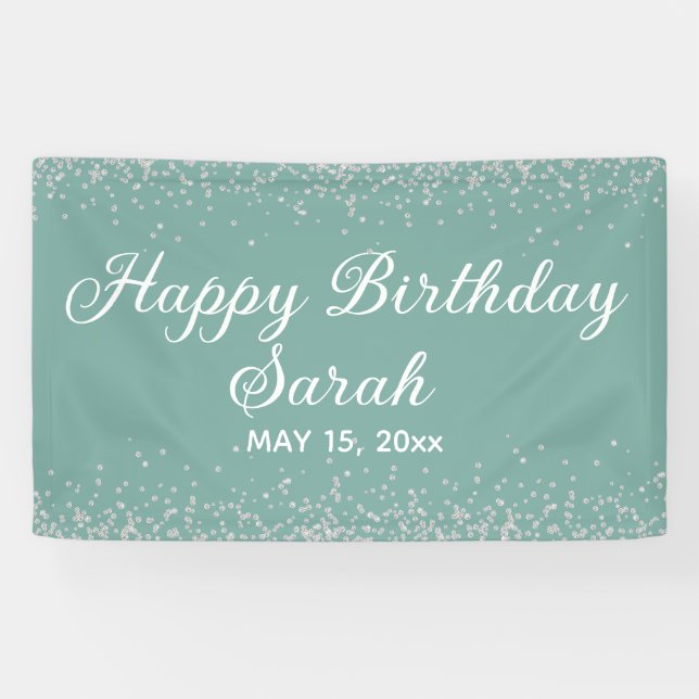 Aqua Mint Silver Diamond Glitzer Happy Birthday Banner (Horizontal)