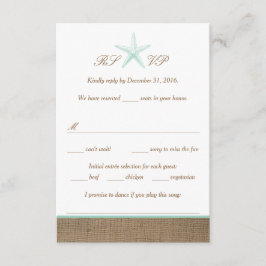 Aqua Mint Starfish Burlap Beach Hochzeitungs-RSVP  RSVP Karte