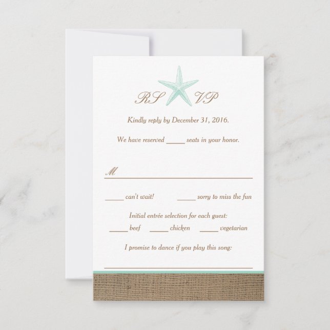 Aqua Mint Starfish Burlap Beach Wedding Cartes RSV (Devant)