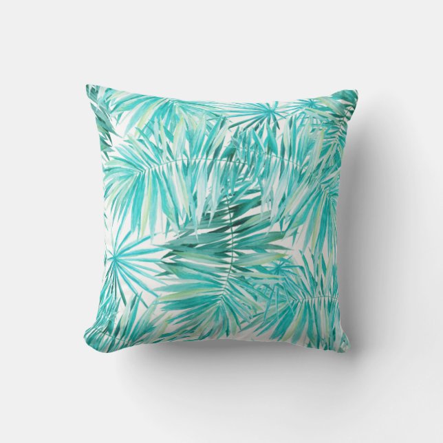 Aqua Mint Tropical Palm Blätter Kissen (Vorderseite)
