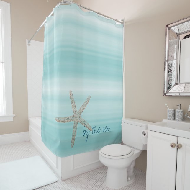 Aqua Mint White Beach Vibes Starfish       Duschvorhang (Beispiel)