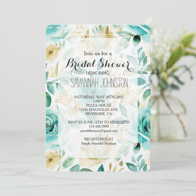 Aqua Mint White Cream Gold Rose Brautparty Einladung (Stehend Vorderseite)