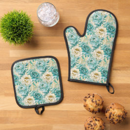 Aqua Mint White Floral Wedding Ofenhandschuh & Topflappen-Set