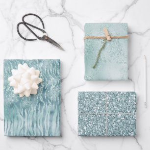 Aqua Mint Zebra Print Confetti Glitzer Geschenkpapier Set