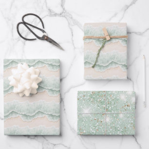 Aqua Minze Glitter Sand Ozean Strand Streifen Gebu Geschenkpapier Set