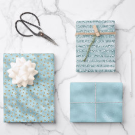 Aqua Minze Gold Glitzer Stars Geschenkpapier Set