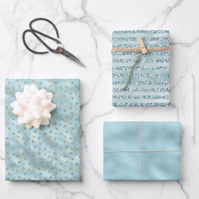 Aqua Minze Gold Glitzer Stars Geschenkpapier Set (Vorderseite)