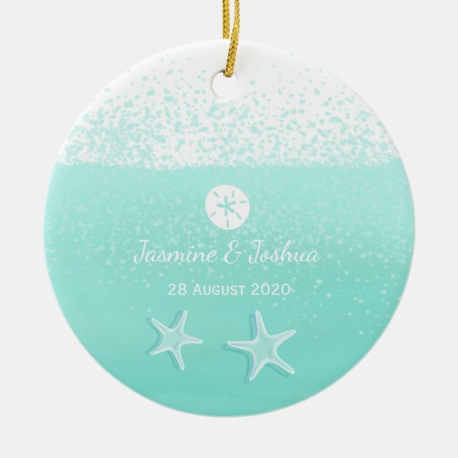 Aqua Minze grüne Aquarellfarbe und Dollar Seestern Keramikornament (Vorne)