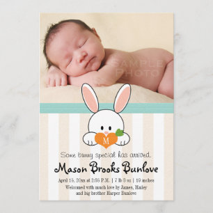 AQUA MIT MONOGRAMM BUNNY RABBIT GEBURTSANKÜNDIGUNG ANKÜNDIGUNG