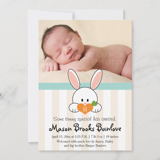 AQUA MIT MONOGRAMM BUNNY RABBIT GEBURTSANKÜNDIGUNG ANKÜNDIGUNG (Vorderseite)