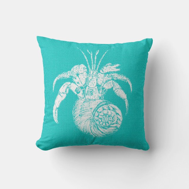 Aqua mit White Hermit Crab Burlap Look Kissen (Vorderseite)