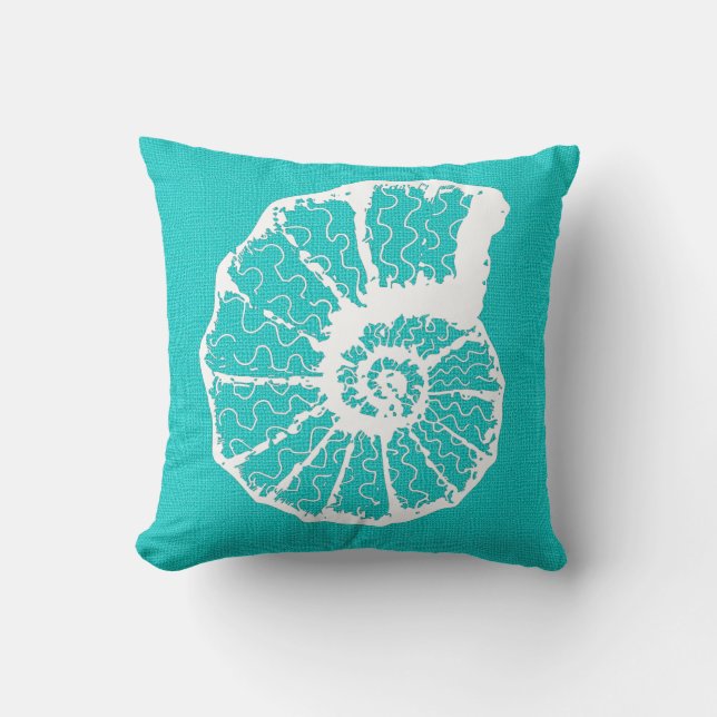 Aqua mit White Spiral Seashell Burlap Look Kissen (Vorderseite)