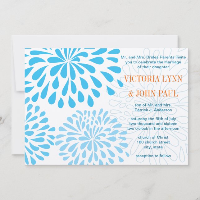 Aqua Modern Floral Chrysanthemum Wedding Einladung (Vorderseite)