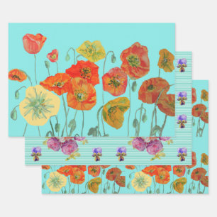 Aqua Mohn Mohnblumen Blumen Wasserfarbe  Geschenkpapier Set