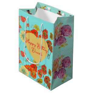 Aqua Mohn Mohnblumen Blumen Wasserfarbe  Mittlere Geschenktüte
