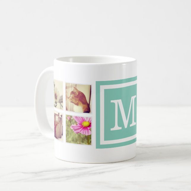 Aqua Monogram Instagram Photo Collage Mug (Devant gauche)