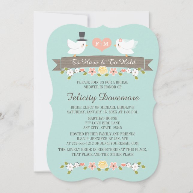 Aqua Monogram Love Birds Bridal Dusche Einladung (Vorderseite)