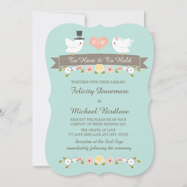 Aqua Monogram Love Birds Dove Wedding Einladung (Vorderseite)