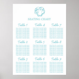 Aqua-Muschel-Hochzeits-Sitzplan-Tisch-Planer 1-9 Poster