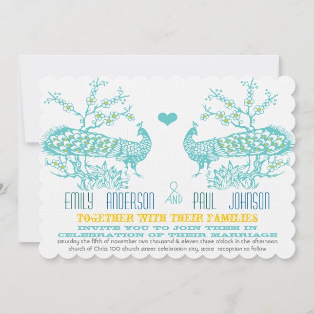 Aqua & Mustard Yellow Peacock Invitations de maria (Devant)