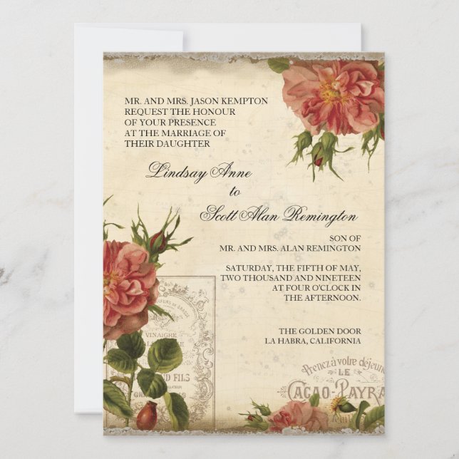 Aqua n Cream Vintag Eiffelturm Rose Wedding Einladung (Vorderseite)