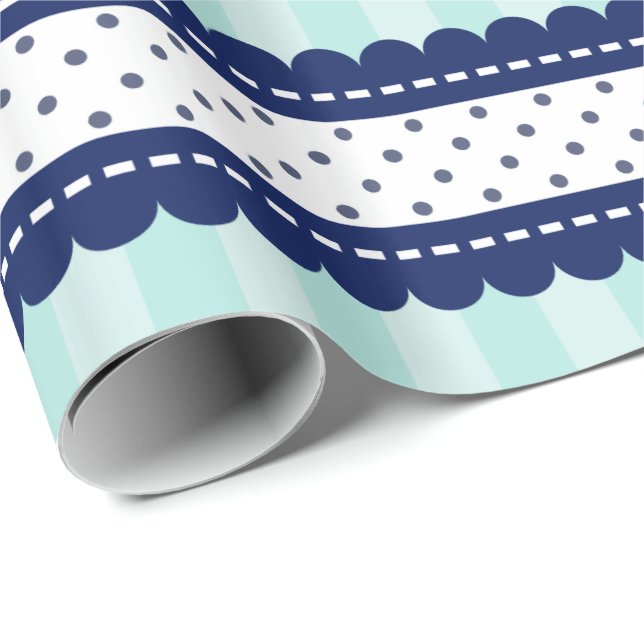 Aqua Navy blaue Streifen und Polka Docks Muster Geschenkpapier (Rolleneckpunkt)