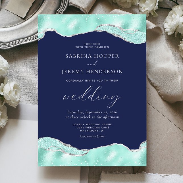 Aqua Navy Blue Silver Foil Glitzer Wedding Einladung (Von Creator hochgeladen)