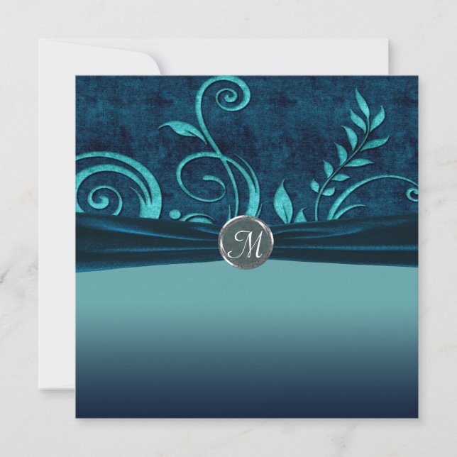 Aqua & Navy Blue Velvet Wedding Swirl Einladung (Vorderseite)