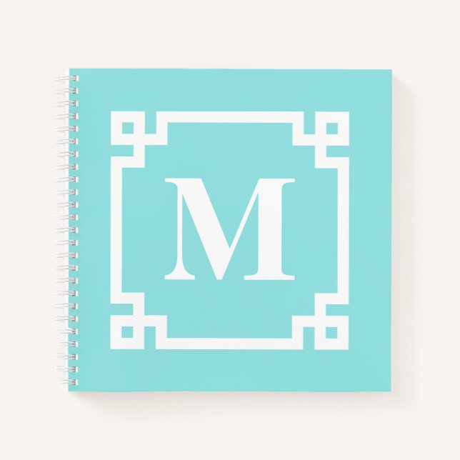 Aqua-Neugriechisch-Schlüssel-Grenzmonogramm Notizbuch (Vorderseite)