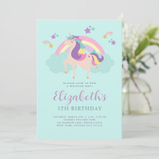 Aqua | Niedlich Rainbow Unicorn Personalisiert Geb Einladung