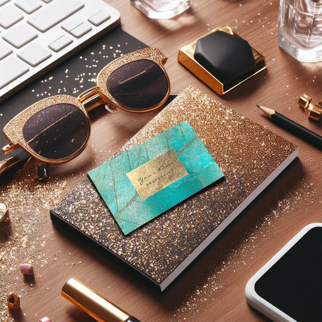 Aqua Ocean Blue Golden Foil Cement Grungy Visitenkarte (Aqua Ocean Blue Gold Foil Botanical Cement Grungy Business Card)