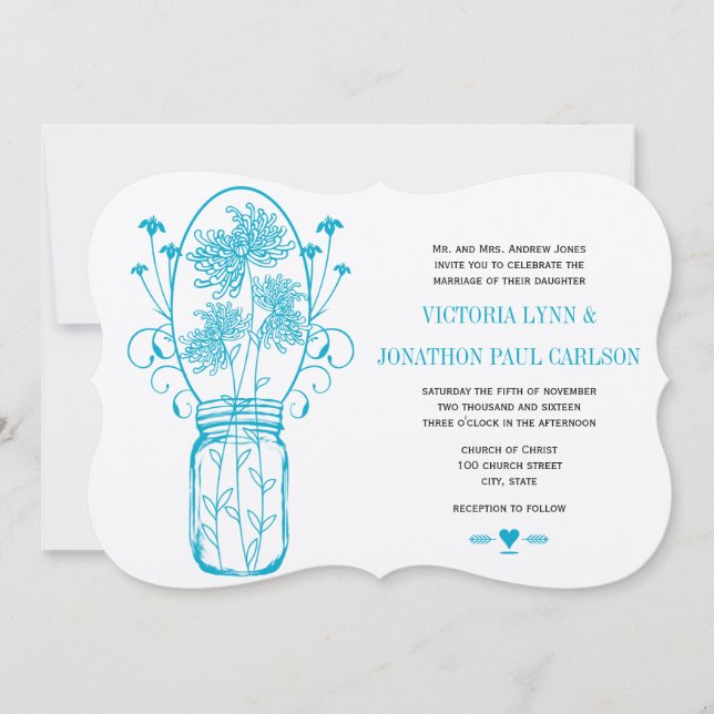 Aqua Ocean Blue Mason Jar Wild Blume Wedding Einladung (Vorderseite)