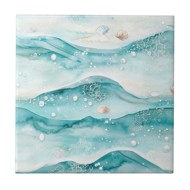Aqua Ocean Waves & Seashell Pattern (5) Fliese (Vorderseite)