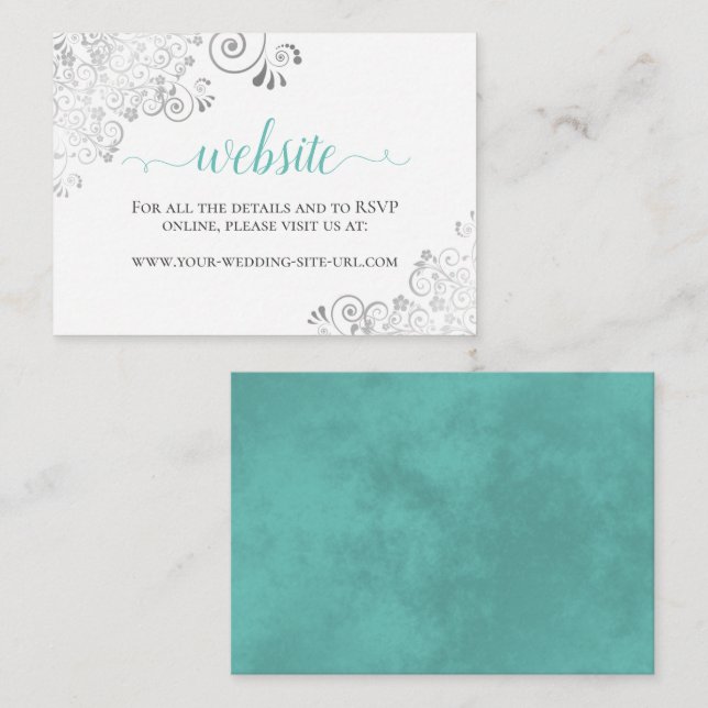 Aqua oder Cyan & Silver Lace White Wedding Website Begleitkarte (Vorne/Hinten)