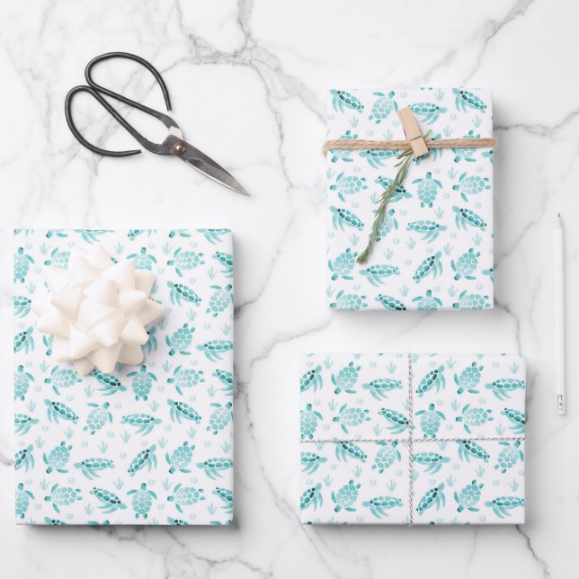 Aqua Ombre Aquarellmeerschildkröte Geschenkpapier Set (Vorderseite)