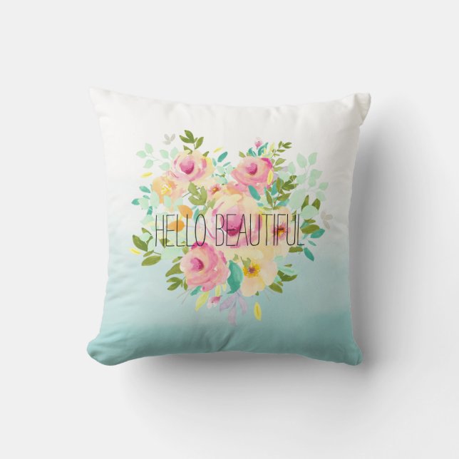 Aqua Ombre Rosa Gelbe Flora Kissen (Vorderseite)