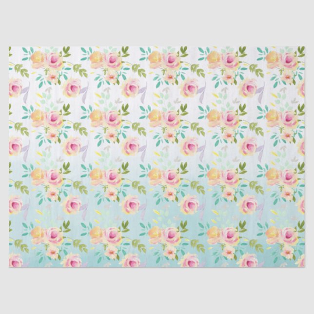 Aqua Ombre Rosa Gelbe Flora Seidenpapier (Vorderseite)