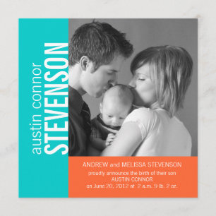 Aqua Orange Modern Baby Boy Faire-part de naissanc