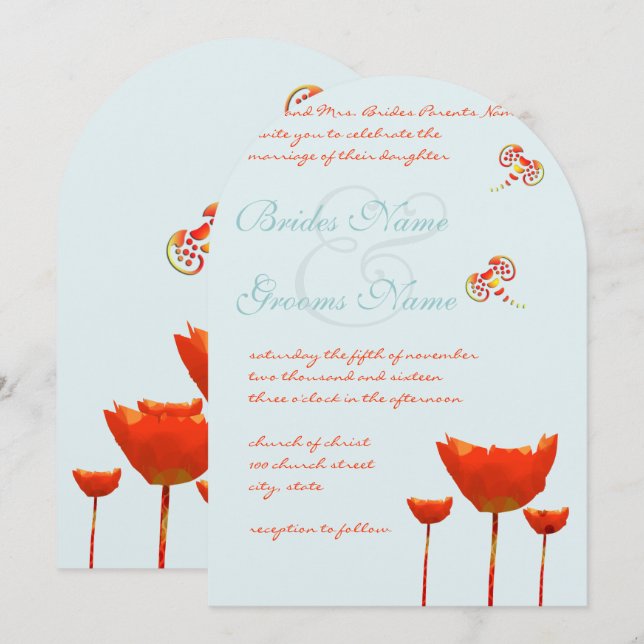 Aqua Orange Poppies Butterflies Einladung Hochzeit (Vorne/Hinten)