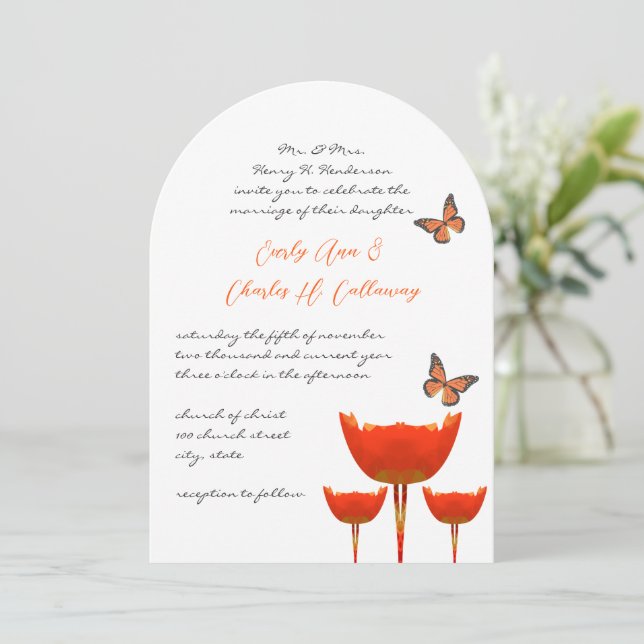Aqua Orange Poppies Butterflies Einladung Hochzeit (Stehend Vorderseite)