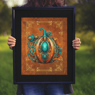 Aqua & Orange Steampunk Pumpkin Digitale Kunst Poster