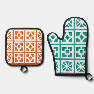 Aqua + orangefarbene Breeze Blocks, Ofen Mitt / Ho Ofenhandschuh & Topflappen-Set