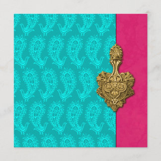 Aqua Paisley Peacock Indian Wedding Einladung