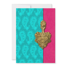 Aqua Paisley Peacocks Faire-part de mariage indien