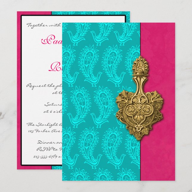 Aqua Paisley Peacocks Faire-part de mariage indien (Devant / Derrière)